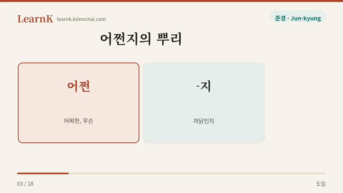 어쩐 + 지 = 무슨 까닭인지