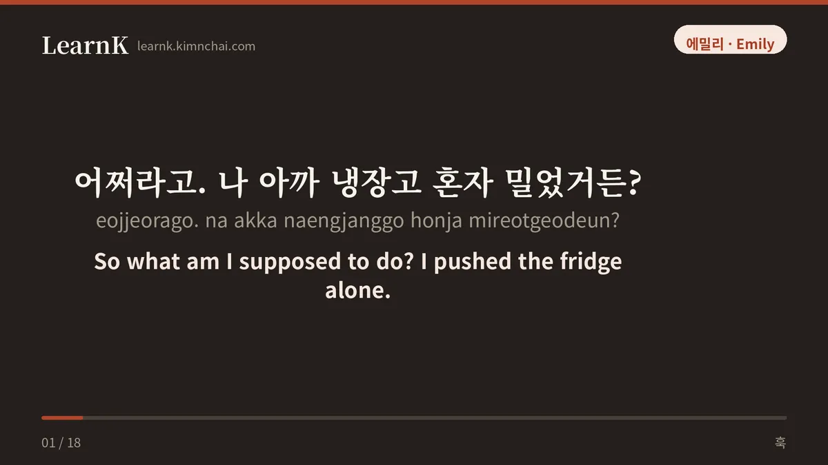 어쩌라고. 나 아까 냉장고 혼자 밀었거든?